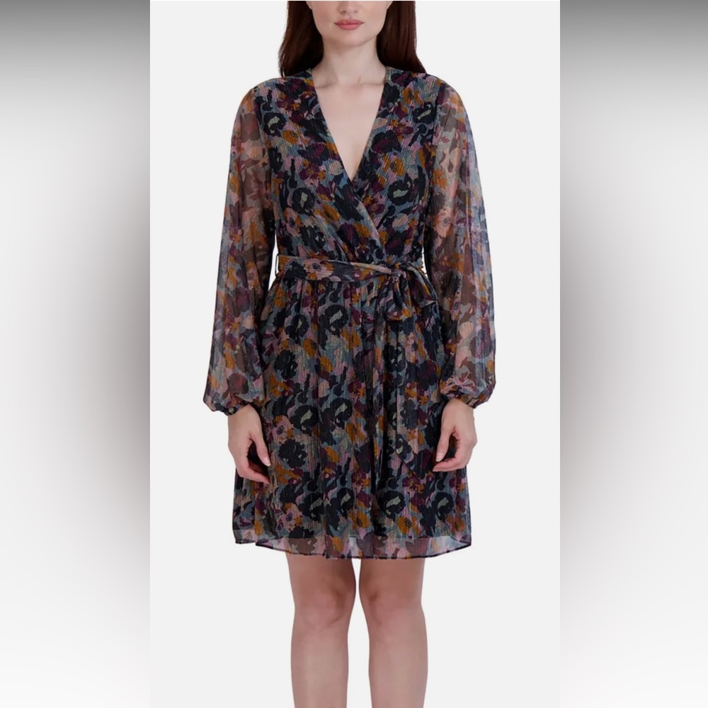 BCBGeneration Shimmer Metallic Wrap Dress Berry Blue Floral Size 16 NWT